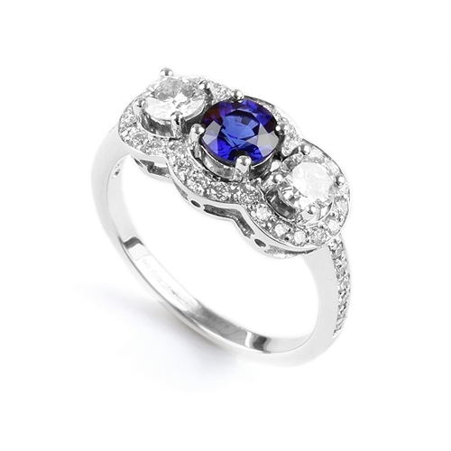 Sapphire & Diamond three Stone Halo Ring