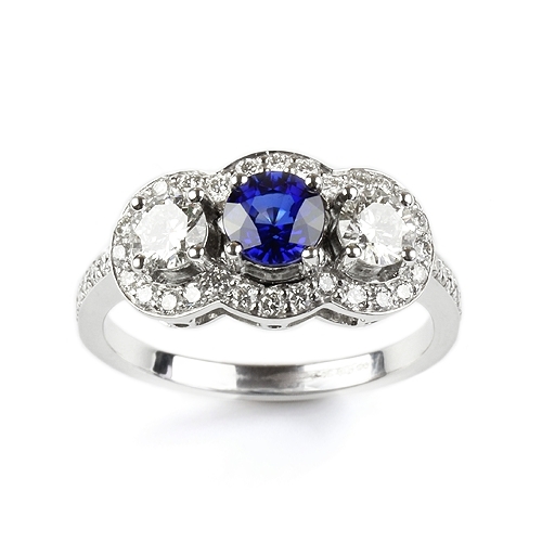 Sapphire & Diamond three Stone Halo Ring